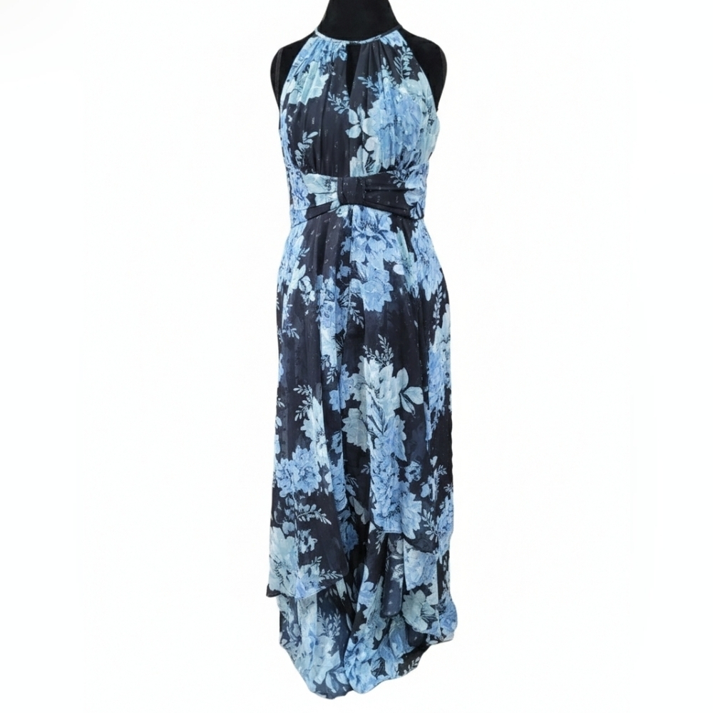 R&M Richards Blue Floral Halter Maxi Dress Size 10 NWT Silver Glitter Accents